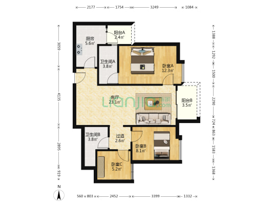 桂南星晴公馆 3室1厅2卫 98平方