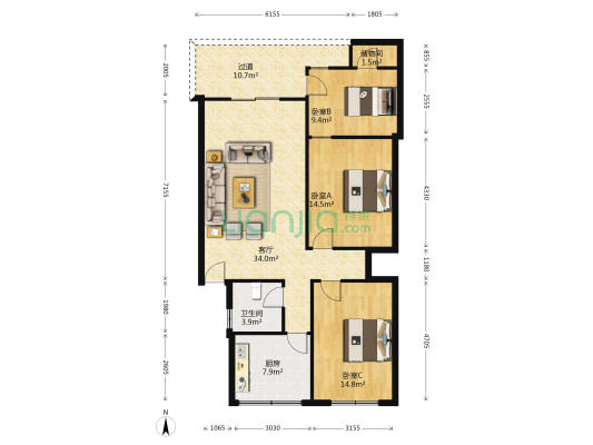 双益商务大厦 3室1厅1卫 94平方
