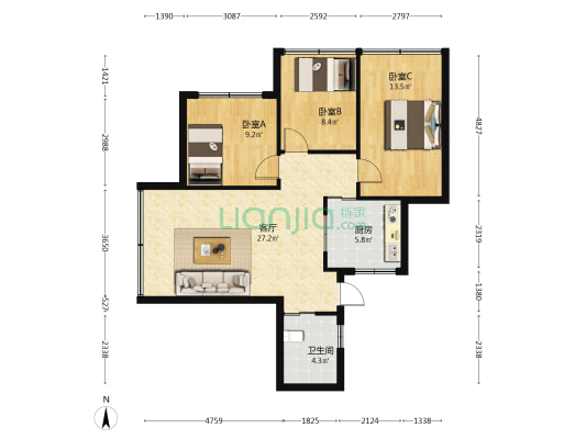 解放西路234号院落 3室1厅1卫 88平方