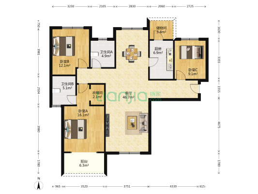 建业十八城 3室1厅2卫 138平方