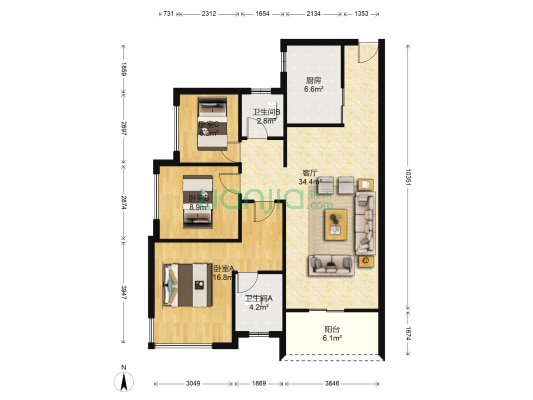 汉邦66广场 3室1厅2卫 100平方