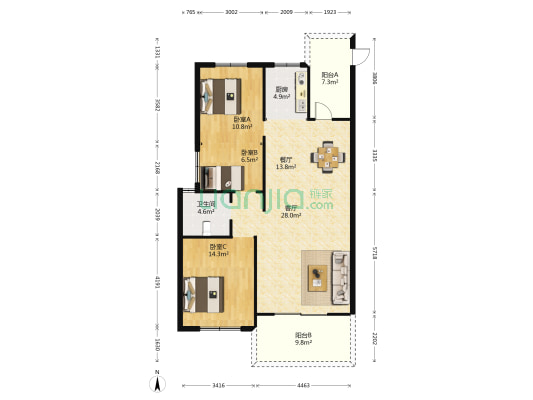 春江花园三期 3室2厅1卫 108平方