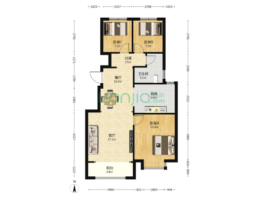 中央公元 3室2厅1卫 107平方