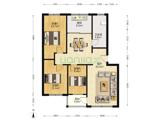 西苑北区西镇花园 3室1厅1卫 109平方