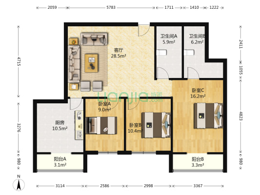 世纪豪园 3室1厅2卫 132平方