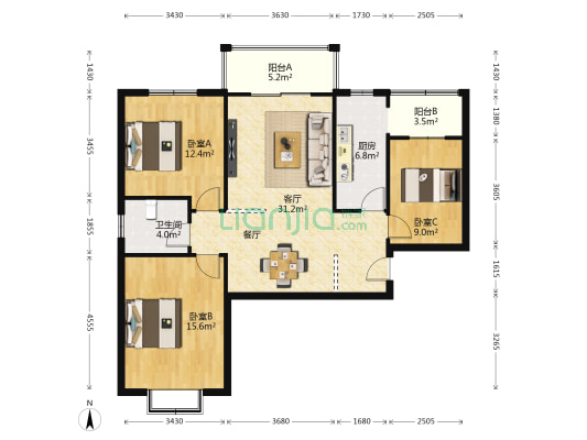 荣华上品 3室1厅1卫 105平方