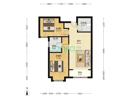 印象城，南向两居室，好楼层，采光好视野好-户型图