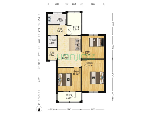 九里堤北路15号 3室1厅1卫 74平方