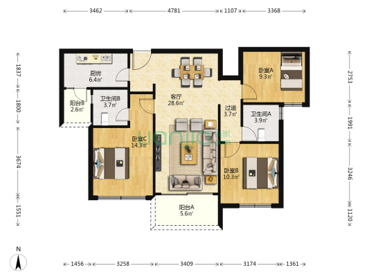 保利堂悦府 3室1厅2卫 100平方