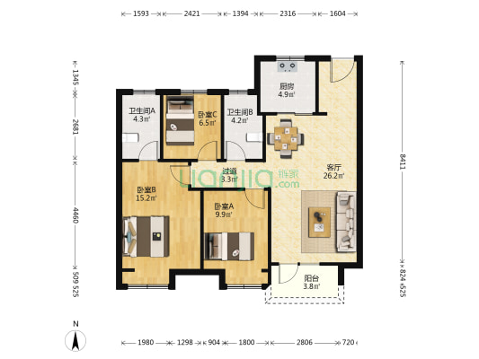 龙湖亿联春江悦茗 3室1厅2卫 105平方
