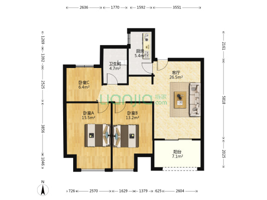 建屋海德景园 3室1厅1卫 95平方