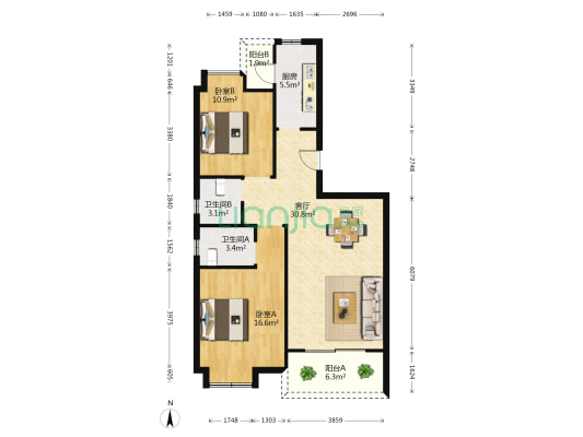 恒祥苑 2室1厅2卫 96平方