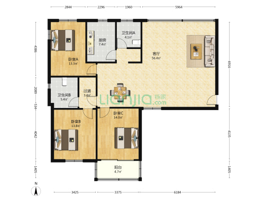 五马花园公寓 3室1厅2卫 168平方