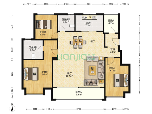 信达万科公望 3室1厅2卫 137平方