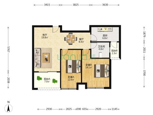 水清木华园北区 2室2厅1卫 88平方
