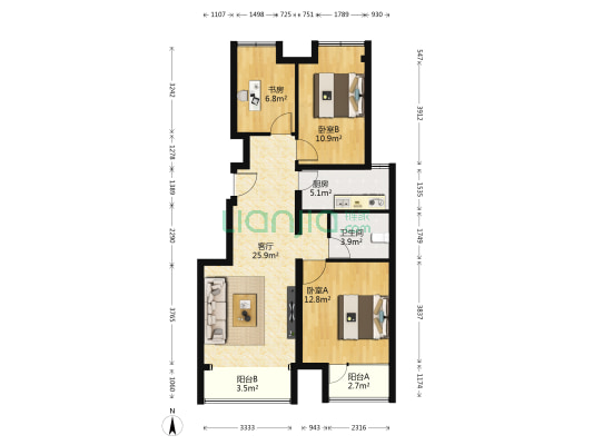 万科红 3室1厅1卫 98平方