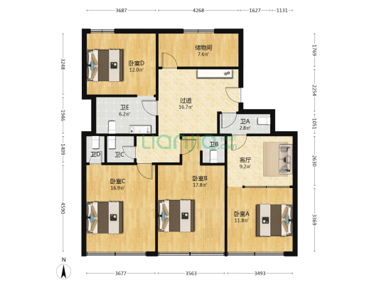 华阳大厦 4室1厅5卫 124平方