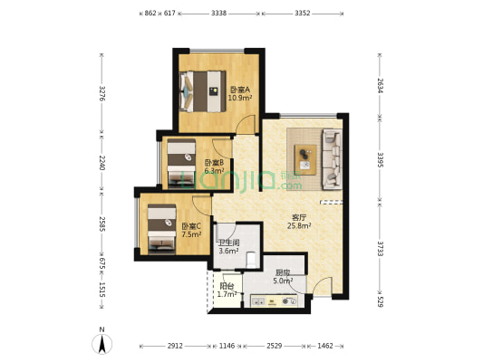 融创南湖逸家 3室1厅1卫 66平方