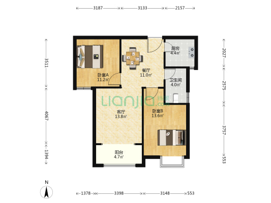 双桥印象家园 2室2厅1卫 82平方