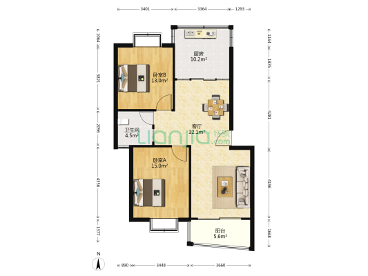蓬曦园A5区 2室1厅1卫 94平方