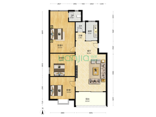 富豪大厦 3室1厅2卫 121平方