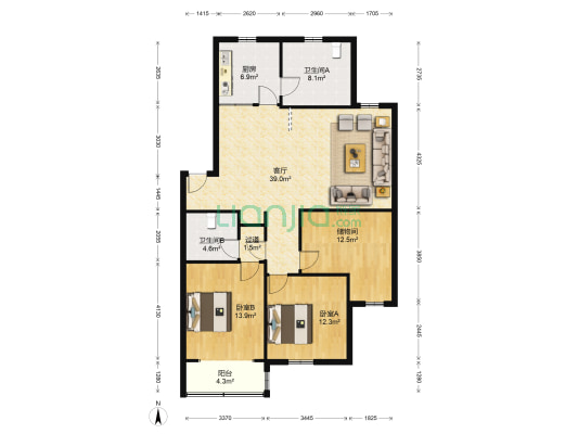 金盛花园 2室1厅2卫 121平方