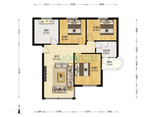 美湾南小区 3室1厅1卫 95平方