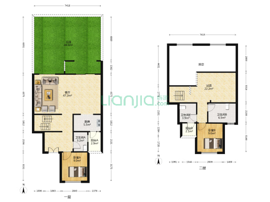高科江澜二期一组团 2室1厅3卫 145平方