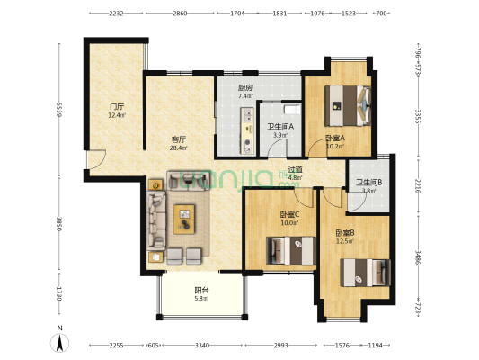 博海城一期 3室1厅2卫 104平方