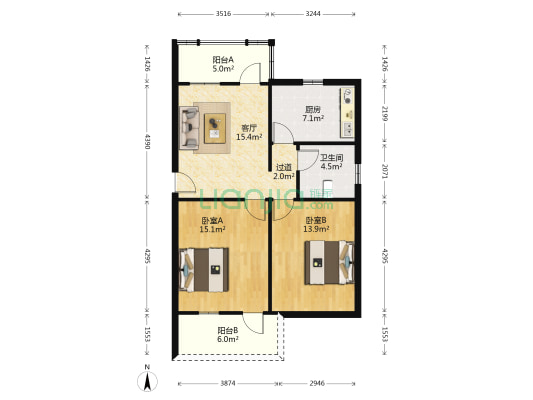 元岗路 2室1厅1卫 68平方