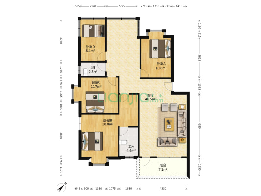 宝行花园 4室1厅2卫 121平方