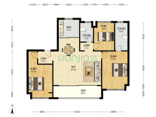 保利文华 3室1厅2卫 128平方