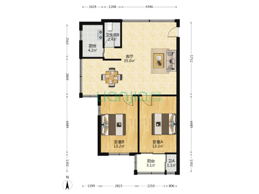 椰化苑 2室1厅2卫 76平方
