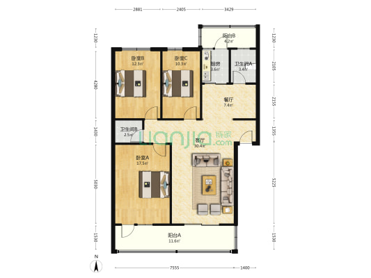怡安小区 南北通透大三居，户型方正，随时看房-户型图