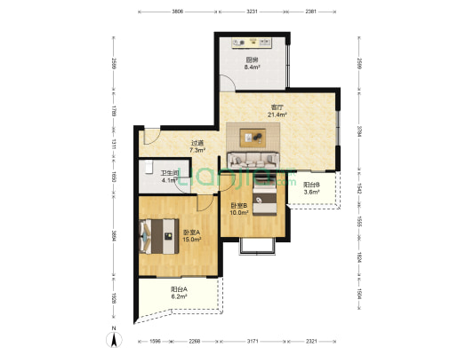 香山园 2室1厅1卫 91平方
