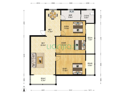 新华街433号 3室2厅1卫 122平方