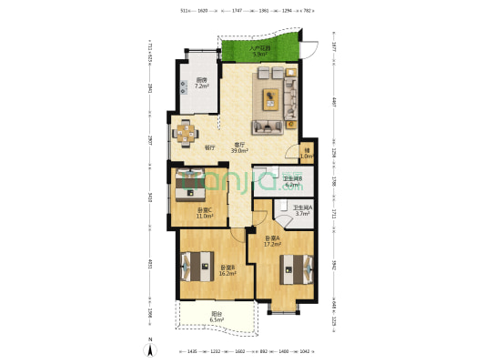 福临东城 3室1厅2卫 127平方
