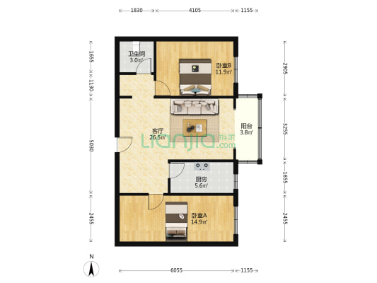房子两居室，带装修，业主着急出售-户型图