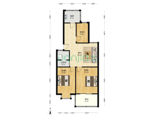 长虹小区 3室1厅1卫 91平方
