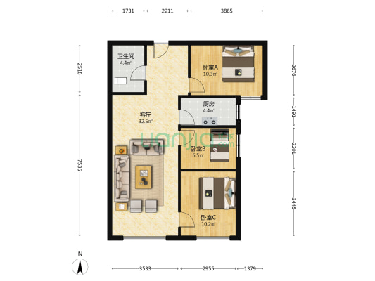 鸿坤南院儿，近高铁站，全南三居室，带装修，诚意出售-户型图