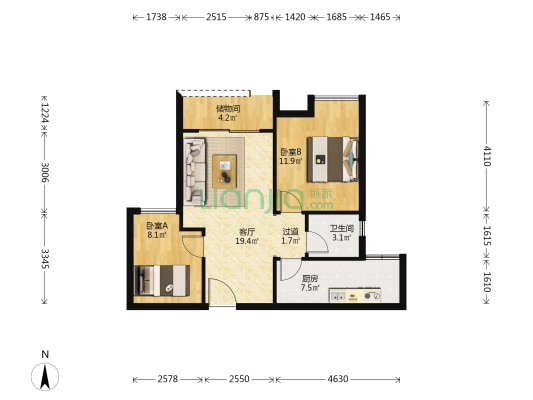 石龙小区 精装 住家标准2房 家电齐全 拎包入住-户型图