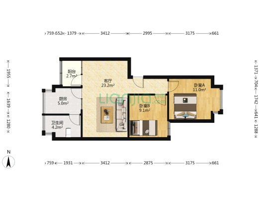 慧龙阁 2室1厅1卫 64平方
