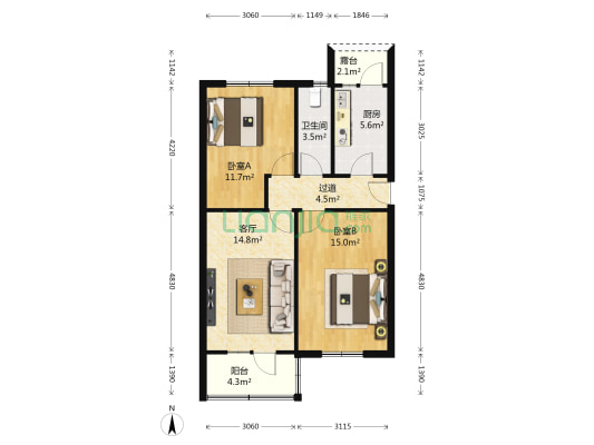 电校住宅小区 2室1厅1卫 63平方