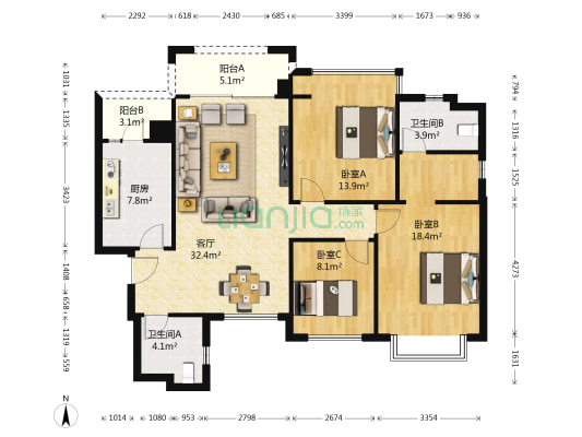 恒大豪庭 3室1厅2卫 122平方