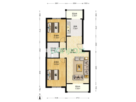万科新城紫薇苑 2室1厅1卫 91平方