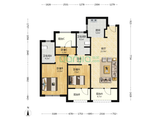 青城翰章 3室1厅2卫 100平方
