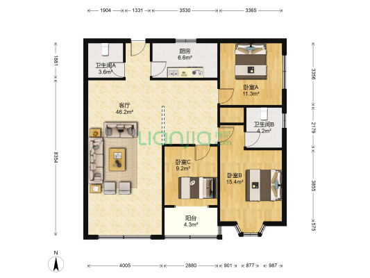 金桥小区 3室1厅2卫 122平方