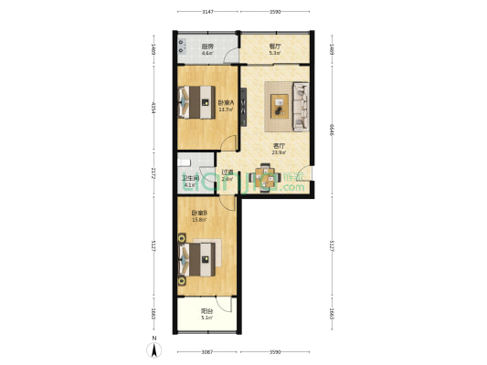 兴中小区 2室2厅1卫 85平方
