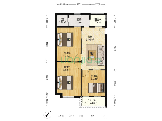 中国电信宿舍 3室1厅1卫 75平方