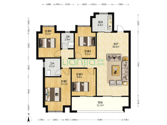 融创福州府A区 4室1厅2卫 124平方